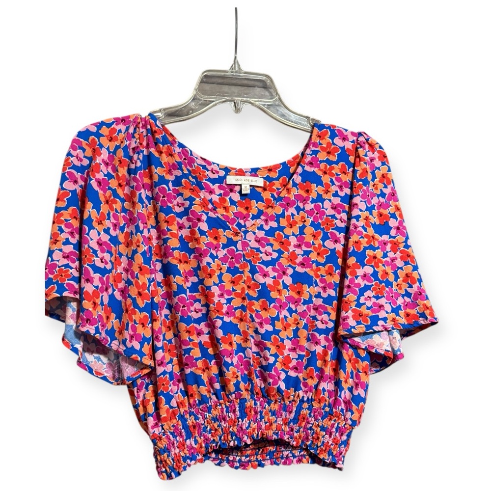 Skies Are Blue Floral Smocked Waist Flutter Sleeve Cropped Blouse Medium Boho
